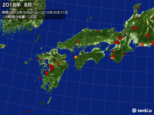 西日本・震央分布図(2018年08月)