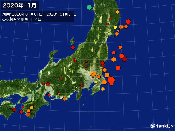東日本・震央分布図(2020年01月)