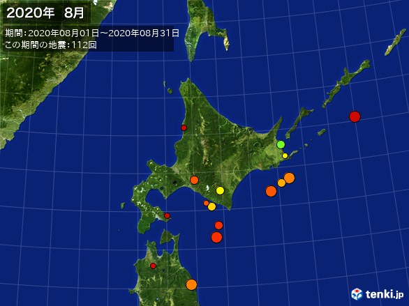 北日本・震央分布図(2020年08月)