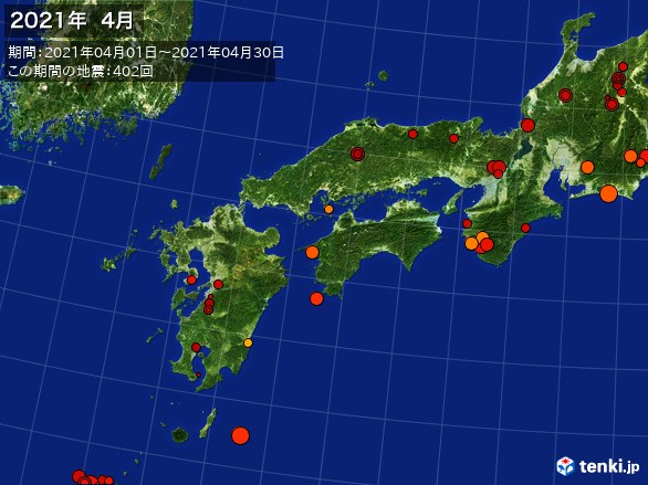西日本・震央分布図(2021年04月)