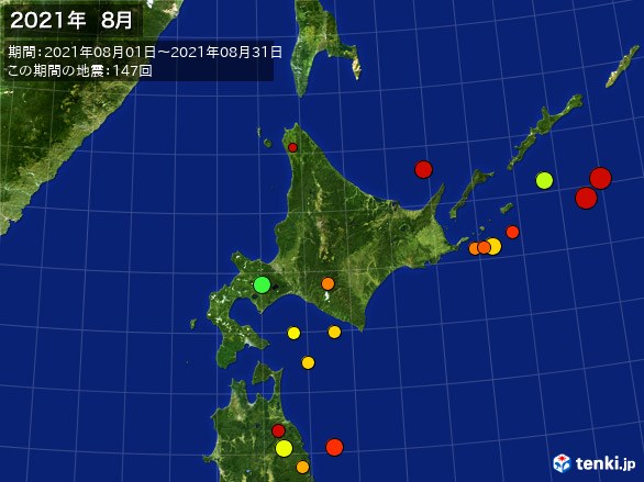 北日本・震央分布図(2021年08月)