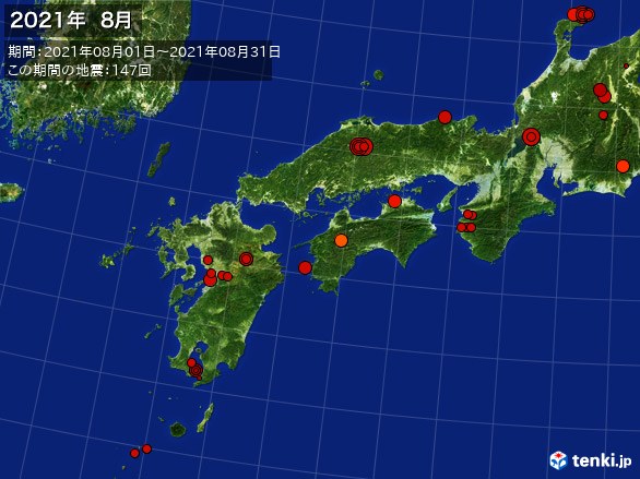 西日本・震央分布図(2021年08月)