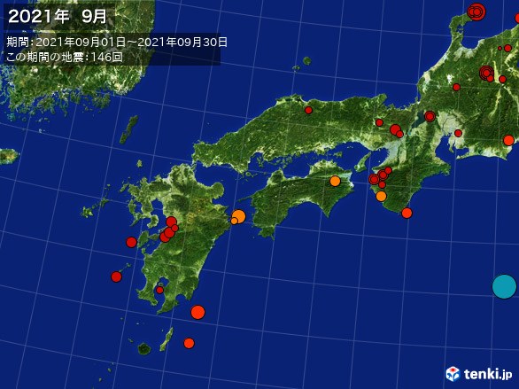 西日本・震央分布図(2021年09月)