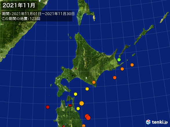 北日本・震央分布図(2021年11月)