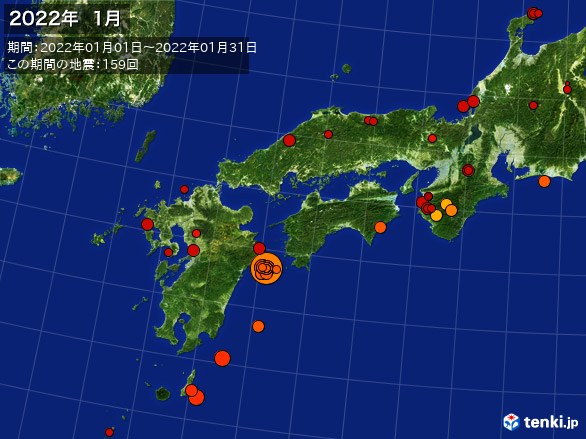 西日本・震央分布図(2022年01月)