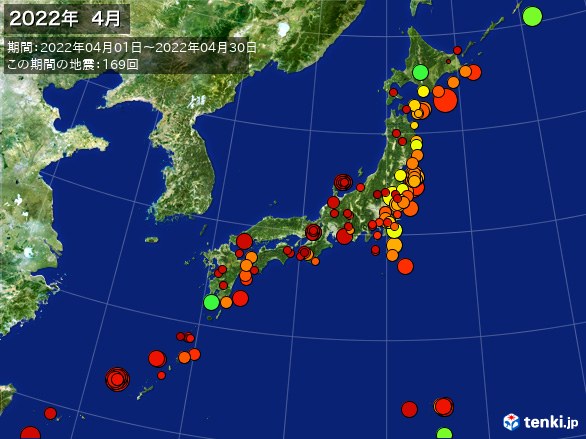 日本全体・震央分布図(2022年04月)