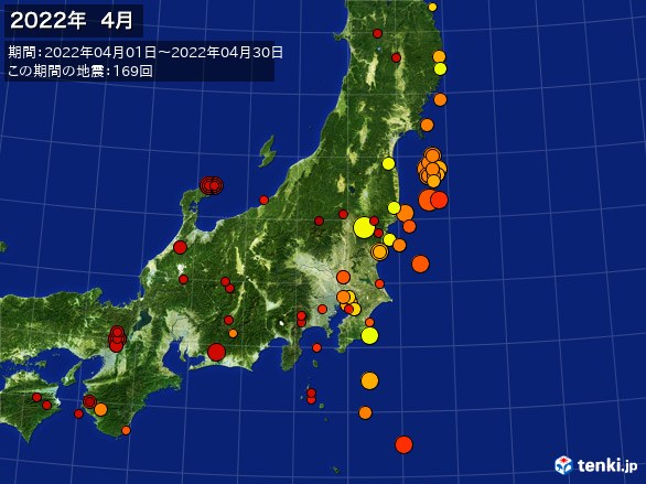 東日本・震央分布図(2022年04月)