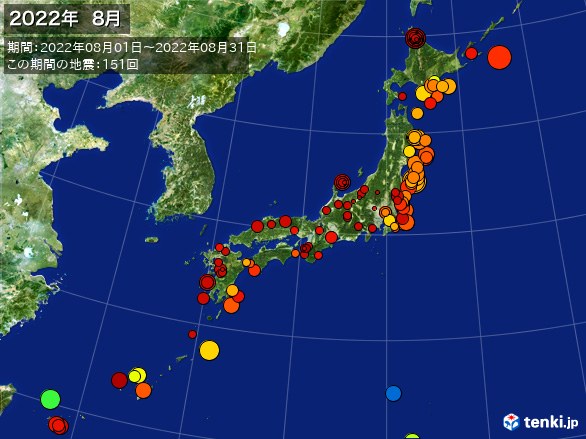 日本全体・震央分布図(2022年08月)