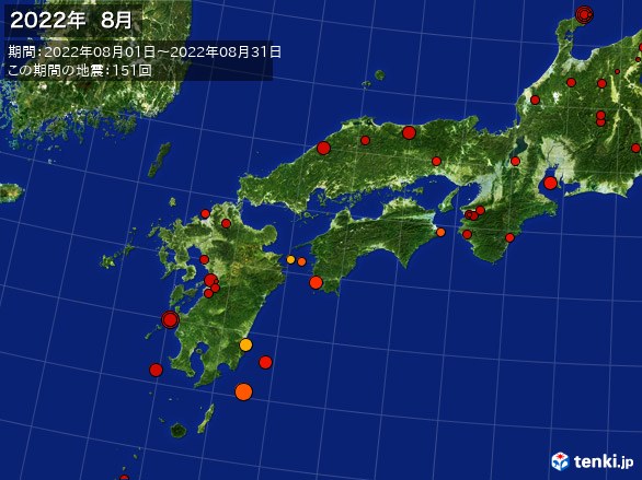 西日本・震央分布図(2022年08月)