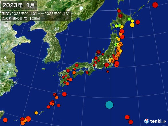 日本全体・震央分布図(2023年01月)