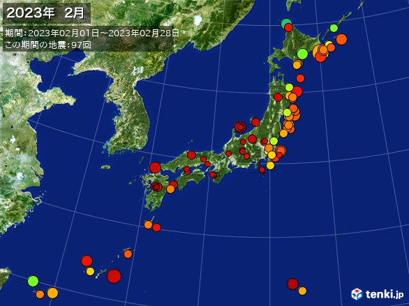 日本全体・震央分布図(2023年02月)