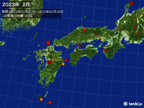 西日本・震央分布図(2023年02月)