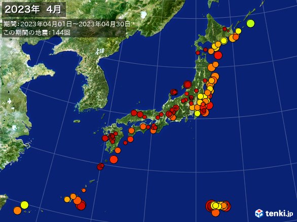 日本全体・震央分布図(2023年04月)