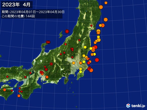 東日本・震央分布図(2023年04月)