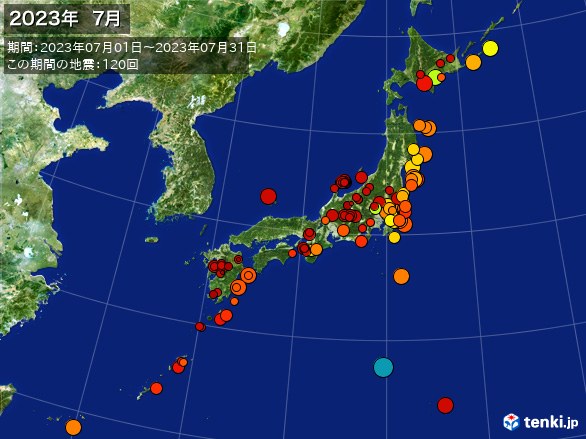 日本全体・震央分布図(2023年07月)