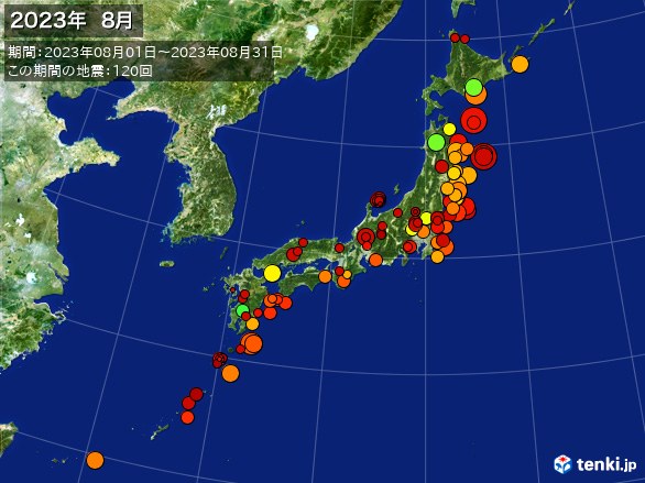日本全体・震央分布図(2023年08月)