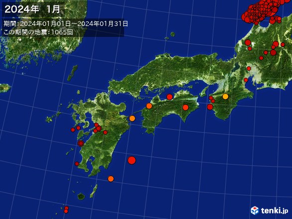 西日本・震央分布図(2024年01月)