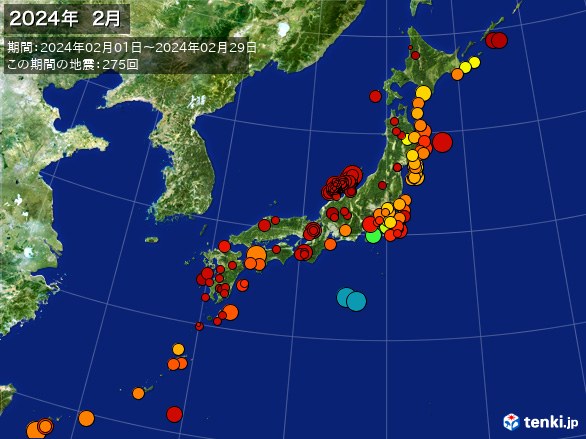 日本全体・震央分布図(2024年02月)