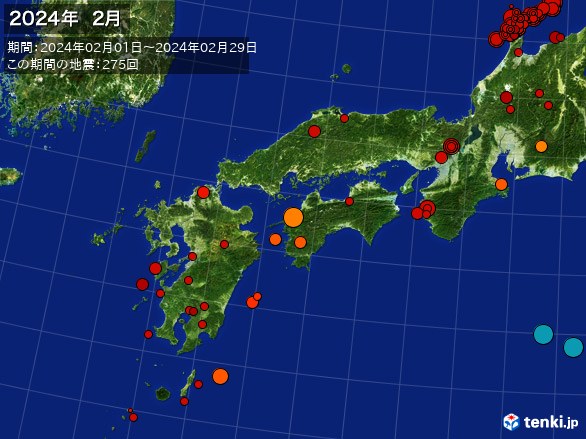 西日本・震央分布図(2024年02月)