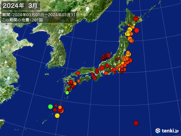 日本全体・震央分布図(2024年03月)