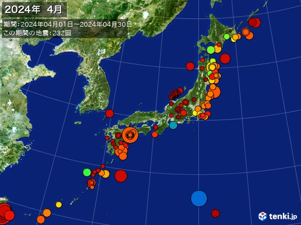 日本全体・震央分布図(2024年04月)