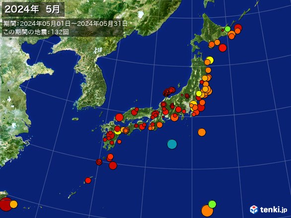 日本全体・震央分布図(2024年05月)