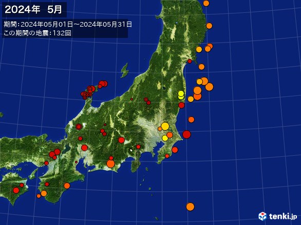 東日本・震央分布図(2024年05月)